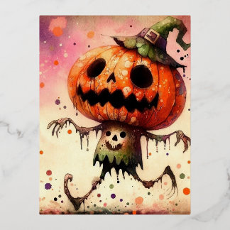 Haunted Pumpkin Foil Holiday Postcard