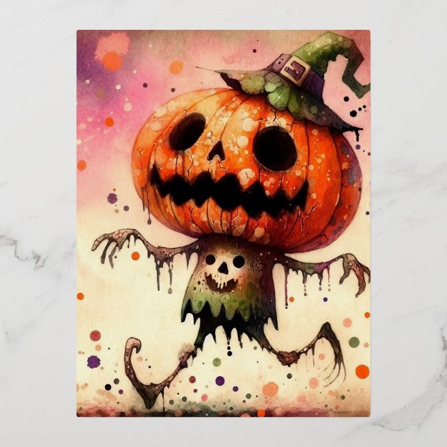Haunted Pumpkin Foil Holiday Postcard (Front)