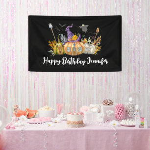 Haunted Pumpkin House with Ghost & Bats Birthday Banner