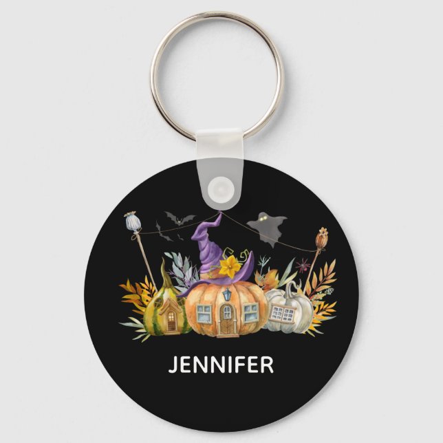 Haunted Pumpkin House with Ghost & Bats Key Ring (Front)