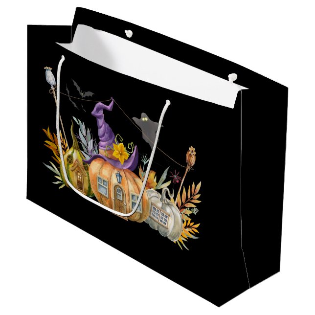 Haunted Pumpkin House with Ghost & Bats Large Gift Bag (Front Angled)