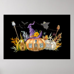 Haunted Pumpkin House with Ghost & Bats Poster