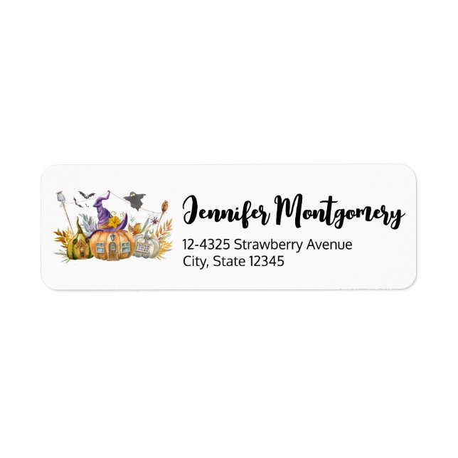 Haunted Pumpkin House with Ghost & Bats Return Address Label (Front)