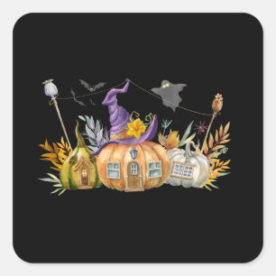 Haunted Pumpkin House with Ghost & Bats Square Sticker