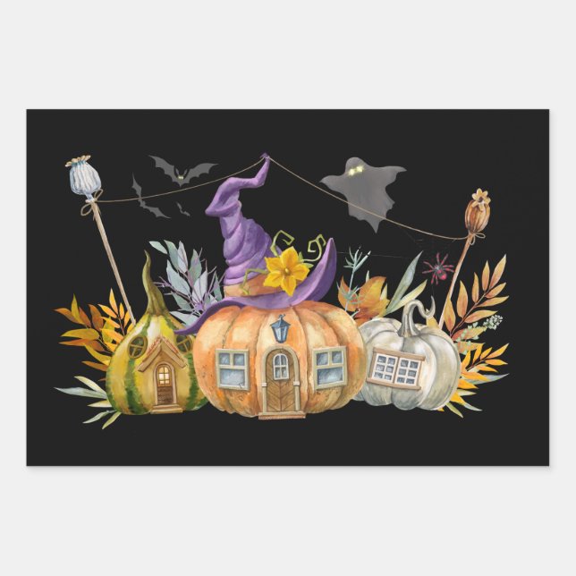 Haunted Pumpkin House with Ghost & Bats Wrapping Paper Sheet (Front)