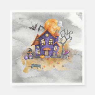 Haunted Purple Gnome House With Ghost Bats & Cats  Napkin