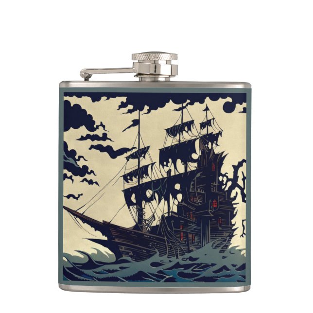 Haunted Sailing Ship Woodblock 1 Hip Flask (Front)