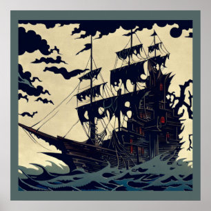 Haunted Sailing Ship Woodblock 1 Poster