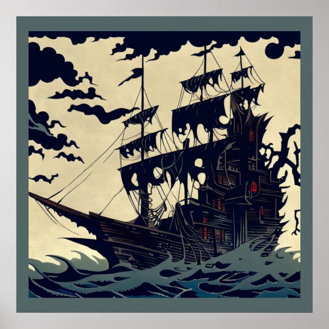 Haunted Sailing Ship Woodblock 1 Poster (Front)