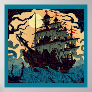 Haunted Sailing Ship Woodblock 2 Poster
