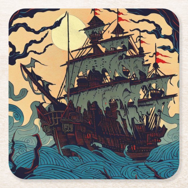Haunted Sailing Ship Woodblock 2 Square Paper Coaster (Front)