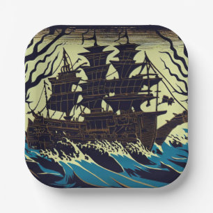 Haunted Sailing Ship Woodblock 3 Paper Plate