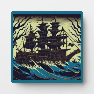 Haunted Sailing Ship Woodblock 3 Plaque