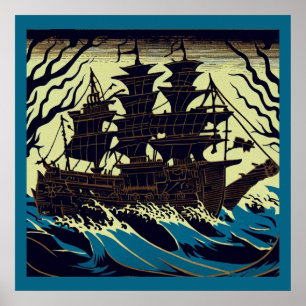 Haunted Sailing Ship Woodblock 3 Poster