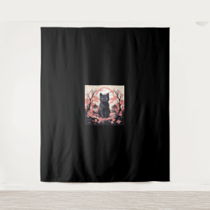 Haunted Sakura_ Black Cat & Pumpkins in Japan  Tapestry