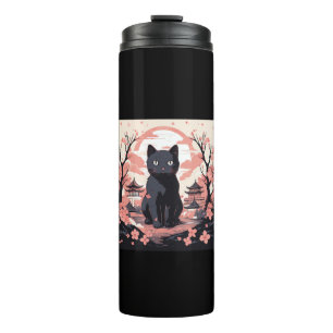 Haunted Sakura_ Black Cat & Pumpkins in Japan Thermal Tumbler