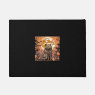 Haunted Sakura Scene_ Black Cat, Pumpkins, Wave Doormat