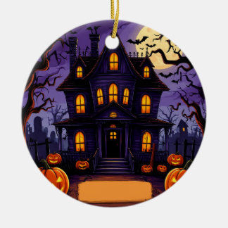 Haunted Victorian House Halloween Moonlight Scene Ceramic Ornament