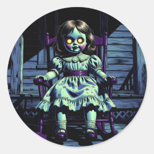 Haunted Vintage Doll on Rocking Chair Halloween Classic Round Sticker