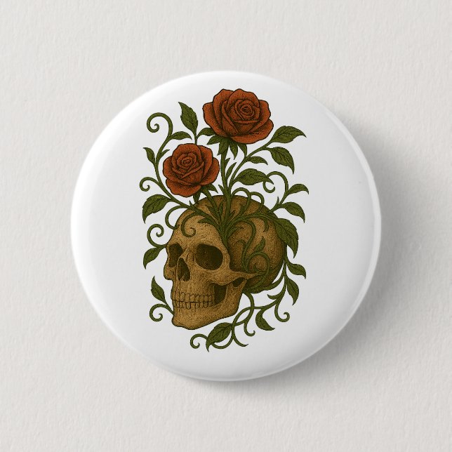 Haunting Beauty Skull and Roses Halloween Art 6 Cm Round Badge (Front)