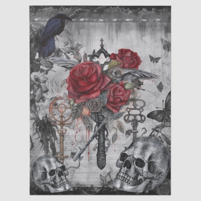 Haunting Fantasy Gothic Raven Roses Skulls Tissue Paper (Front)