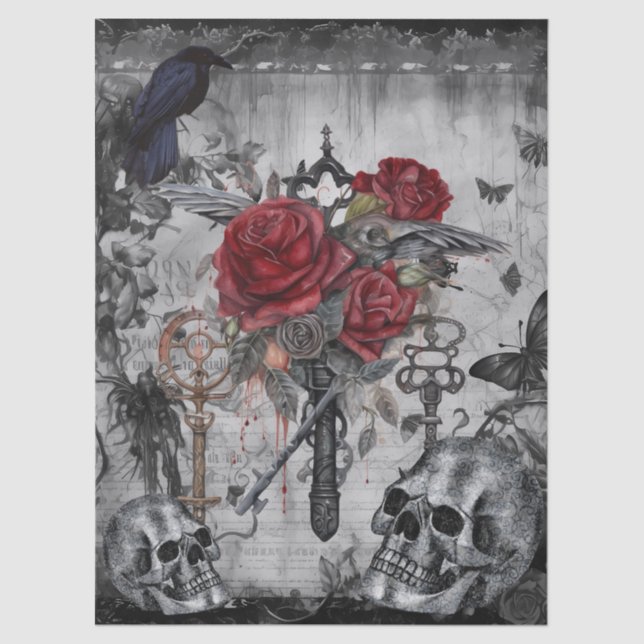 Haunting Fantasy Gothic Raven Roses Skulls Tissue Paper (Front)