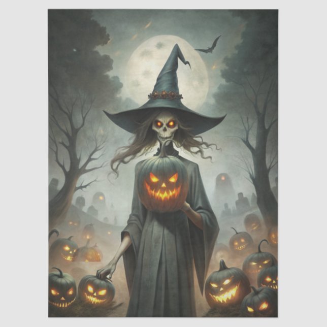 Haunting Fantasy Gothic Witch, Pumpkins & Moon Tissue Paper (Front)
