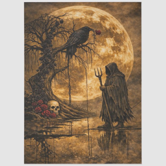 Haunting Gothic Raven Moon Skull Rose Fantasy Art  Tissue Paper (Front)