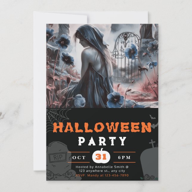Haunting Graveyard Blue Flowers Halloween Invitation (Front)