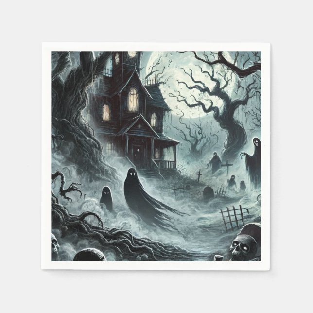 Haunting Night Scary Haunted House Halloween Party Napkin (Front)