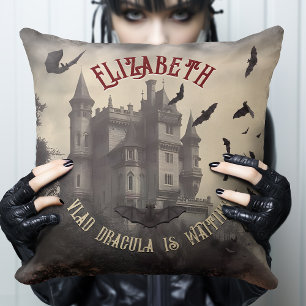 Haunting Retro Horror Dracula's Castle Gothic Cushion