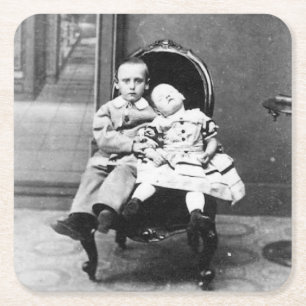 Haunting Vintage Sibling Portrait Square Paper Coaster