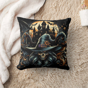 Haunting witches gather under a full moon cushion