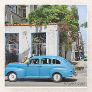 Havana Cuba Elegant Blue Vintage Car Glass Coaster