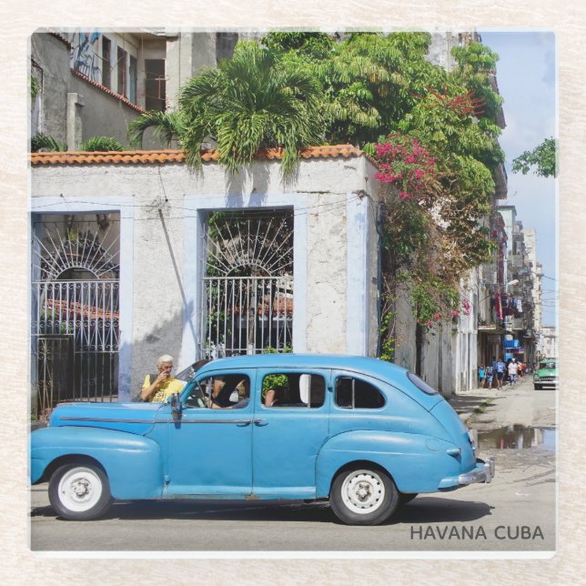 Havana Cuba Elegant Blue Vintage Car Glass Coaster (Front)