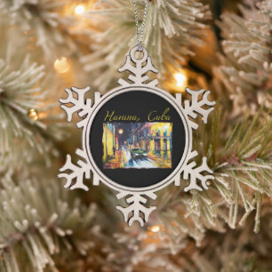 Havana Cuba - Habana Vieja Night Scene Snowflake Pewter Christmas Ornament