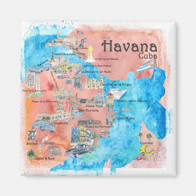 Havana Cuba Illustrated Retro Travel Map Magnet (Front)