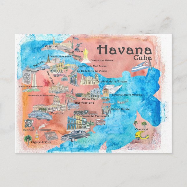 Havana Cuba Illustrated Travel Map Postcard (Front)