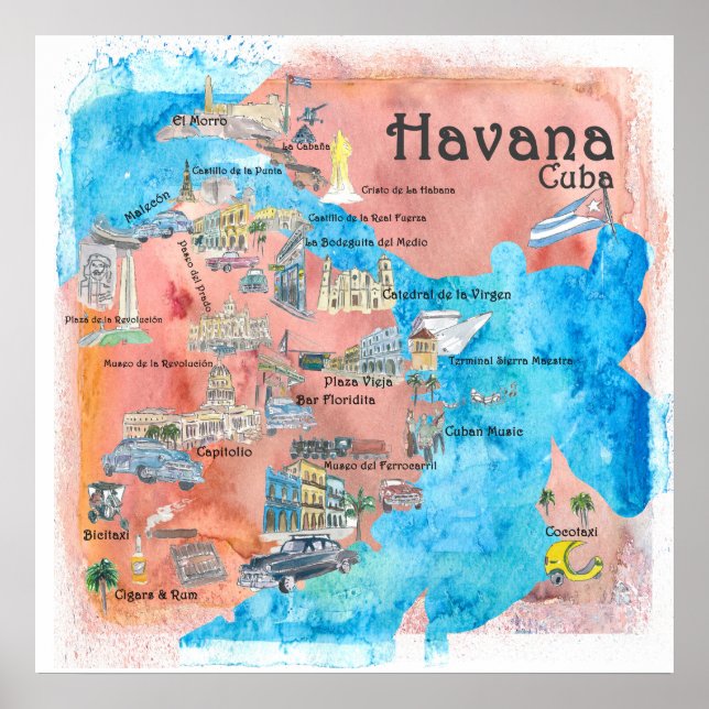 Havana Cuba Illustrated Travel Poster Map (Front)