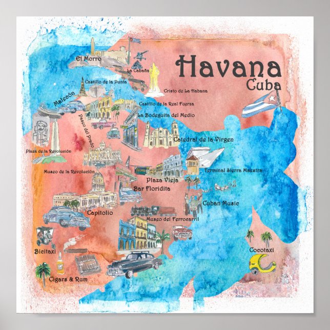 Havana Cuba Illustrated Travel Poster Map (Front)
