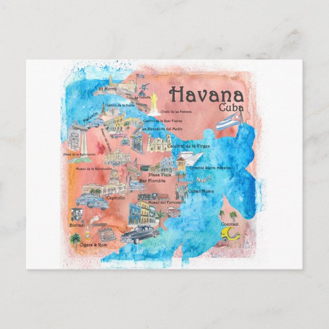 Havana Cuba Illustrated Travel Poster Map postcard (Front)