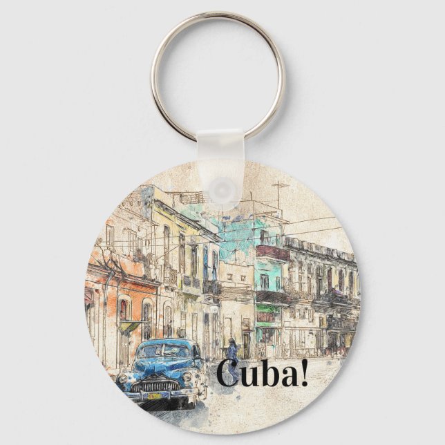 havana Cuba Illustration Key Ring (Front)