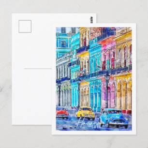 Havana Cuba Travel Place Watercolor Postcard
