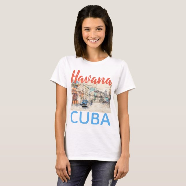 Havana Cuba Vintage Car Street Illustration T-Shirt (Front Full)