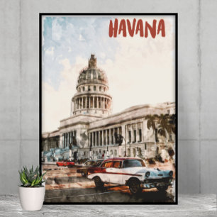 Havana Cuba Vintage Travel Watercolor Poster