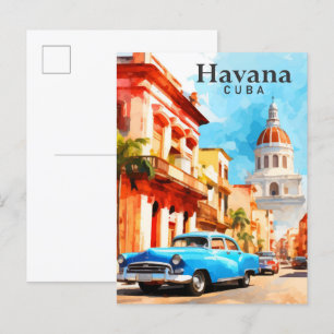 Havana Cuba Watercolor Painting Travel Postcard