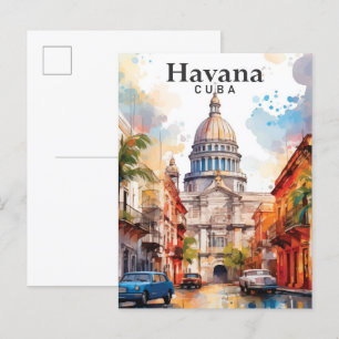 Havana Cuba Watercolor Painting Travel Postcard