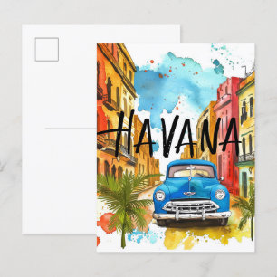 Havana Cuba Watercolor Painting Travel Postcard