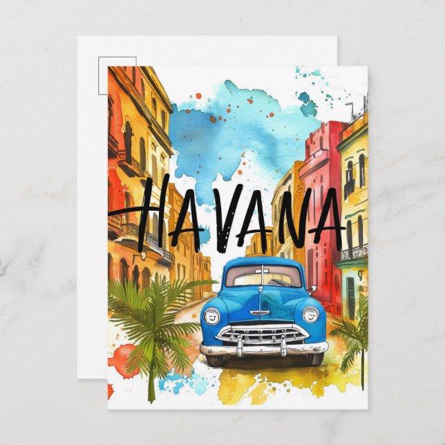 Havana Cuba Watercolor Painting Travel Postcard (Front/Back)