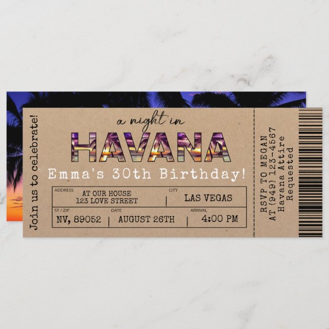 Havana Nights Tropical Airline Ticket Birthday Invitation (Front/Back)